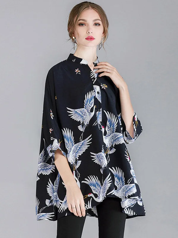 Original Crane Printed Buttoned Stand Collar Half Sleeves Blouse