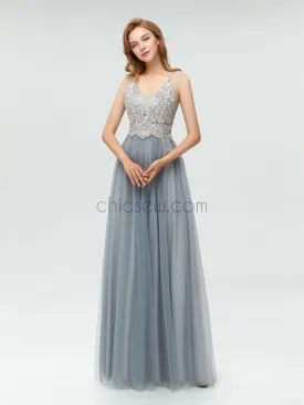 Popular Lace Top A-line Sleeveless Tulle Elegant Bridesmaid Dresses, YKX006