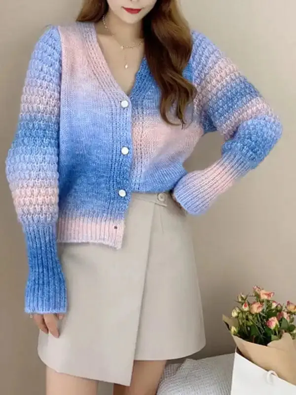 Rainbow Gradient Color Sweater Loose Lazy Long-sleeved V-neck Knit Cardigan