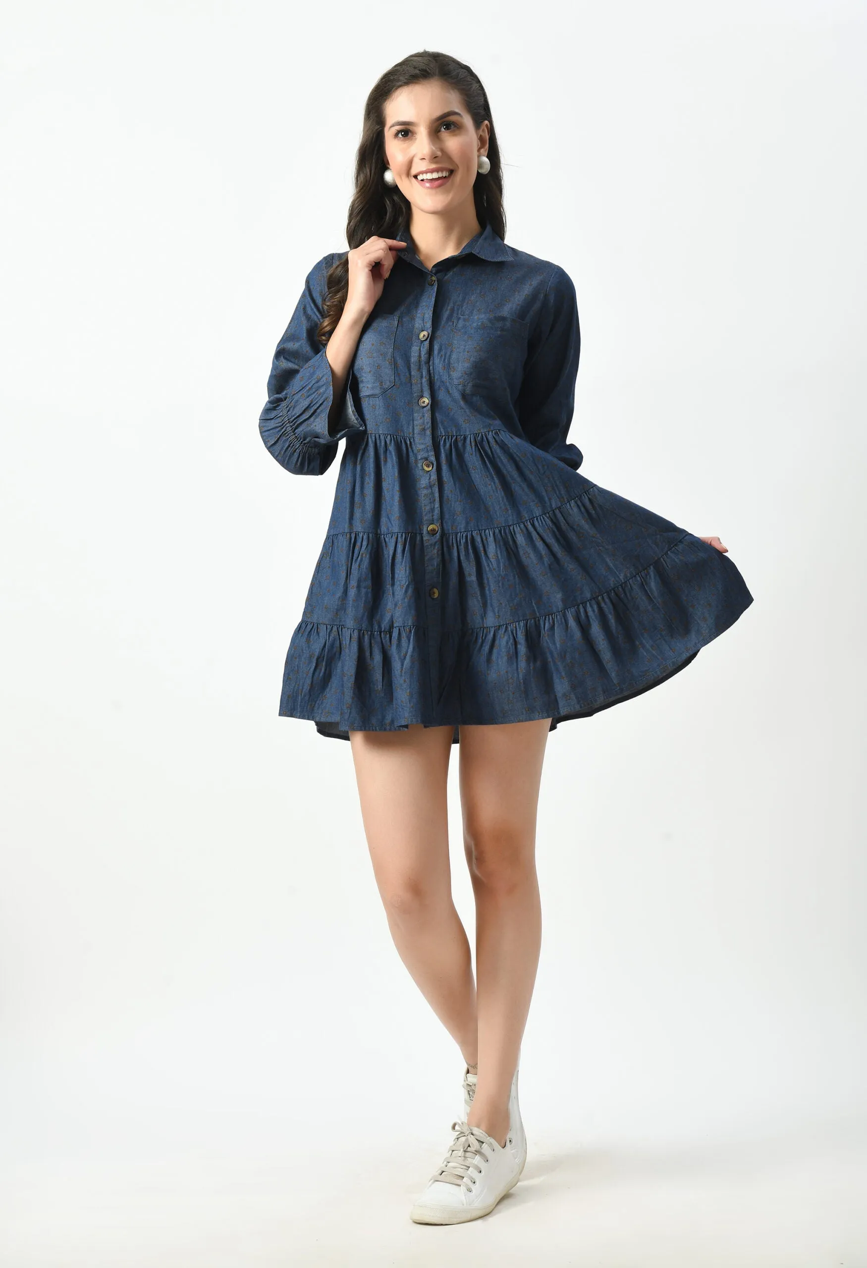 Smocked Denim Button Down Dress - Collared V-Neck, Ruffle Cuffs