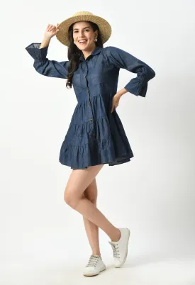 Smocked Denim Button Down Dress - Collared V-Neck, Ruffle Cuffs