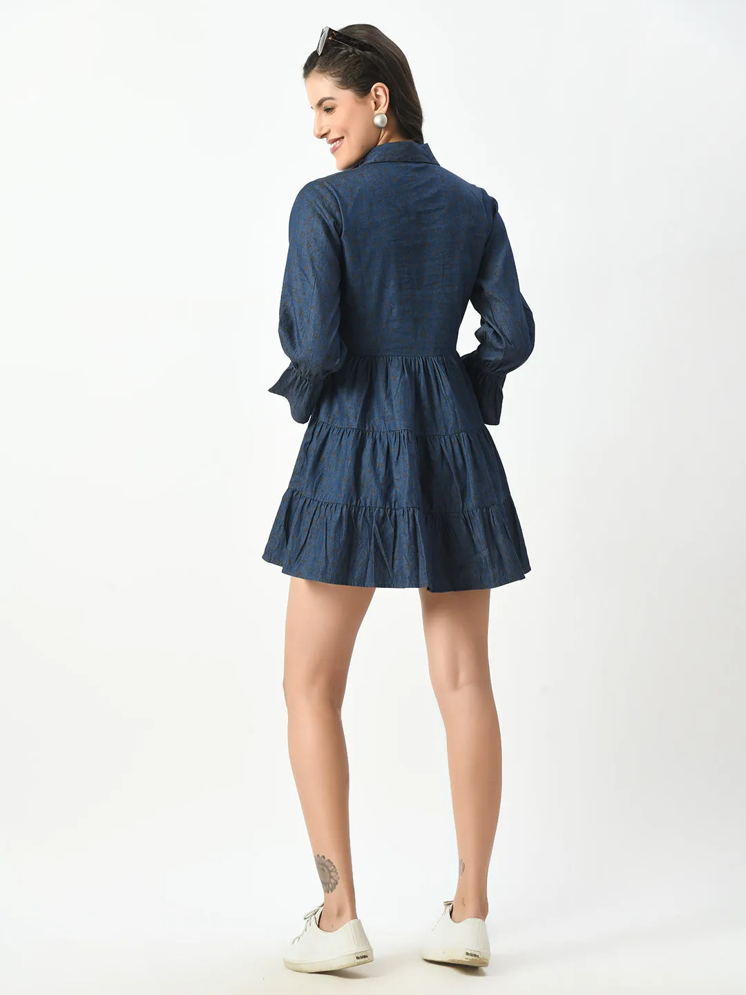 Smocked Denim Button Down Dress - Collared V-Neck, Ruffle Cuffs