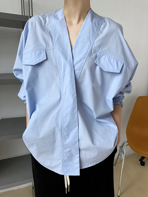 Trendy Batwing Sleeves Solid Color V-Neck Blouses