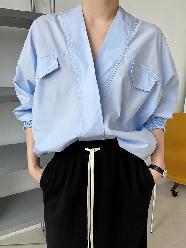 Trendy Batwing Sleeves Solid Color V-Neck Blouses