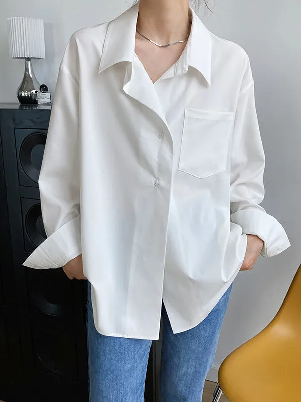 Trendy Loose Buttoned Back Design Solid Color Lapel Blouses