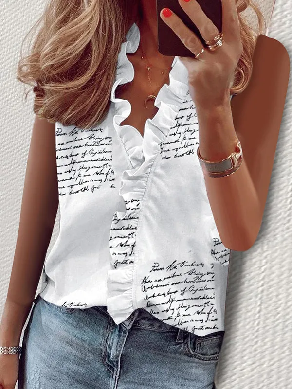 Trendy Tops Sleeveless Printed Falbala V-Neck Blouses