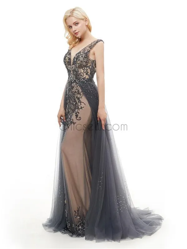 V-neck Open Back Elegant Long Evening Prom Dresses SDP1160