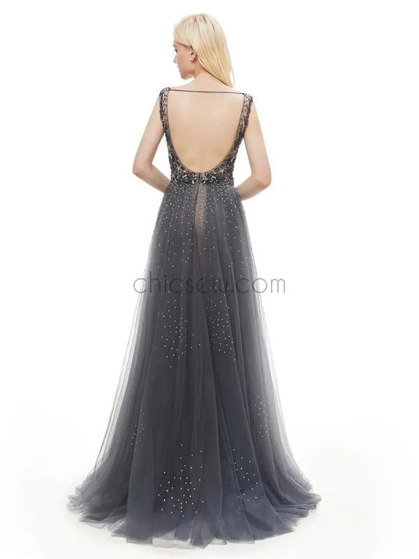 V-neck Open Back Elegant Long Evening Prom Dresses SDP1160