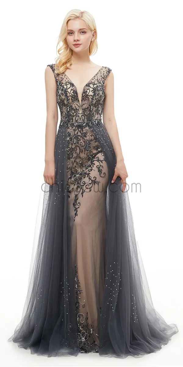 V-neck Open Back Elegant Long Evening Prom Dresses SDP1160