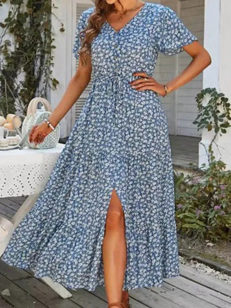 Vintage Floral Elegant Loose New Slit Holiday Leisure Print Midi Dresses