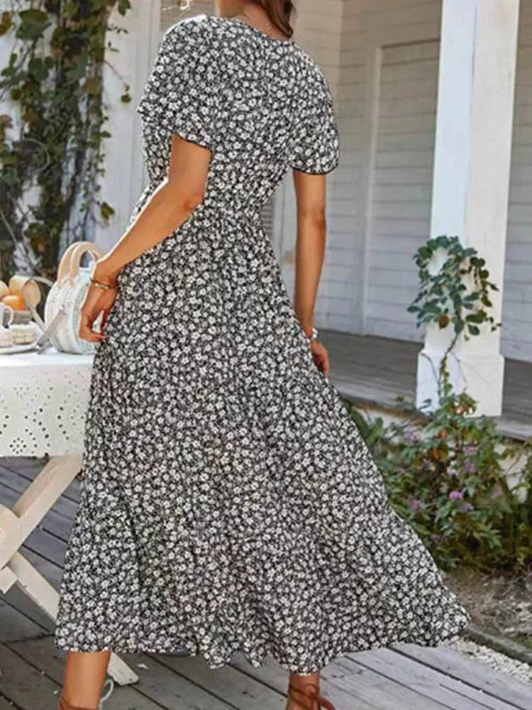 Vintage Floral Elegant Loose New Slit Holiday Leisure Print Midi Dresses