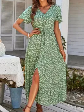 Vintage Floral Elegant Loose New Slit Holiday Leisure Print Midi Dresses