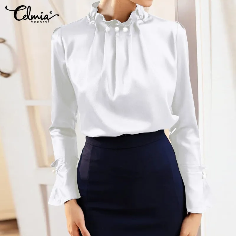 Women Satin Blouses Elegant Long Sleeve Silk Tops  Pearl Stand Collar Female Office Shirts Solid Casual Party Blusas