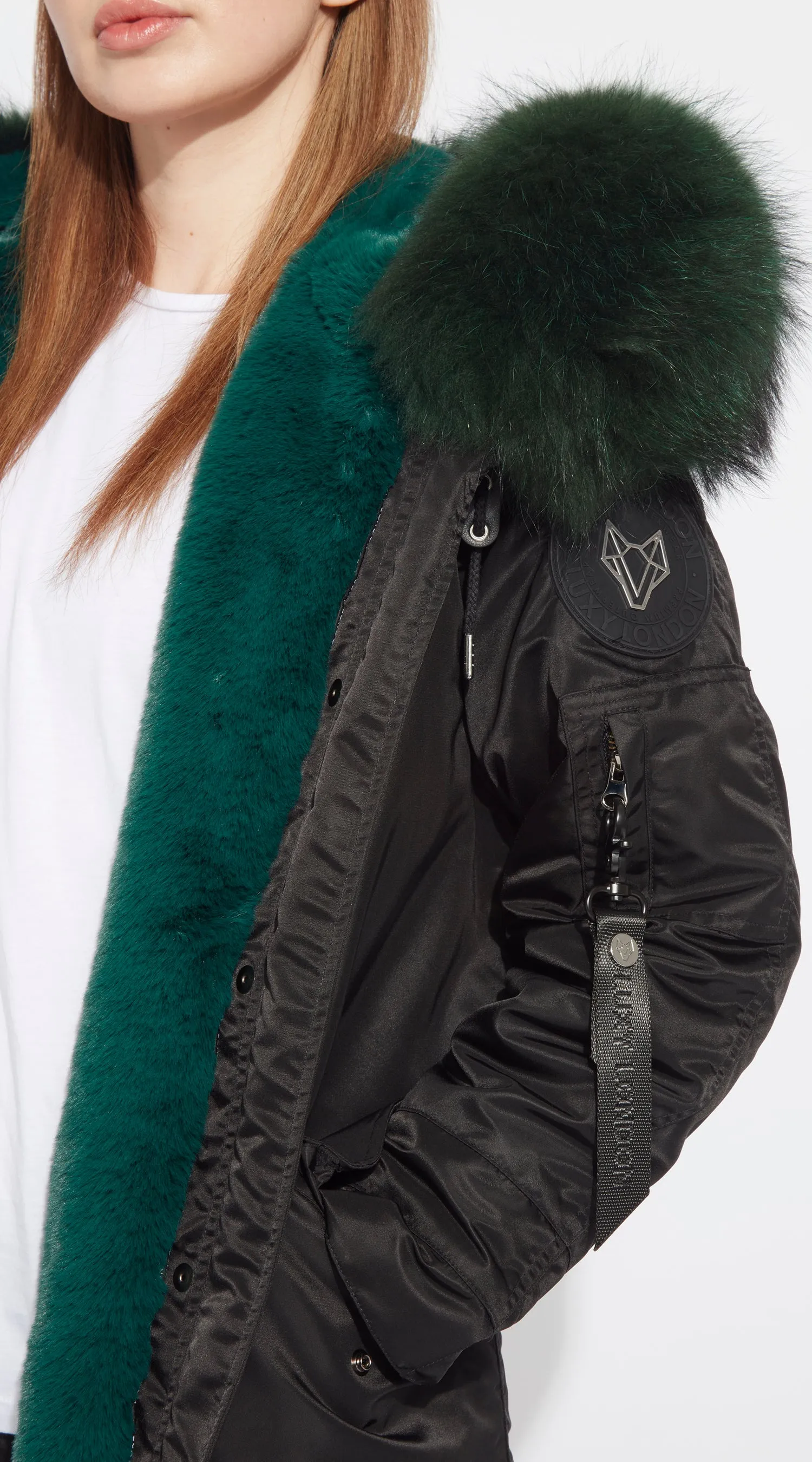 Womens Black Water-Repellent Luxy Fur Parka - 3/4 Emerald Green