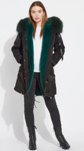 Womens Black Water-Repellent Luxy Fur Parka - 3/4 Emerald Green