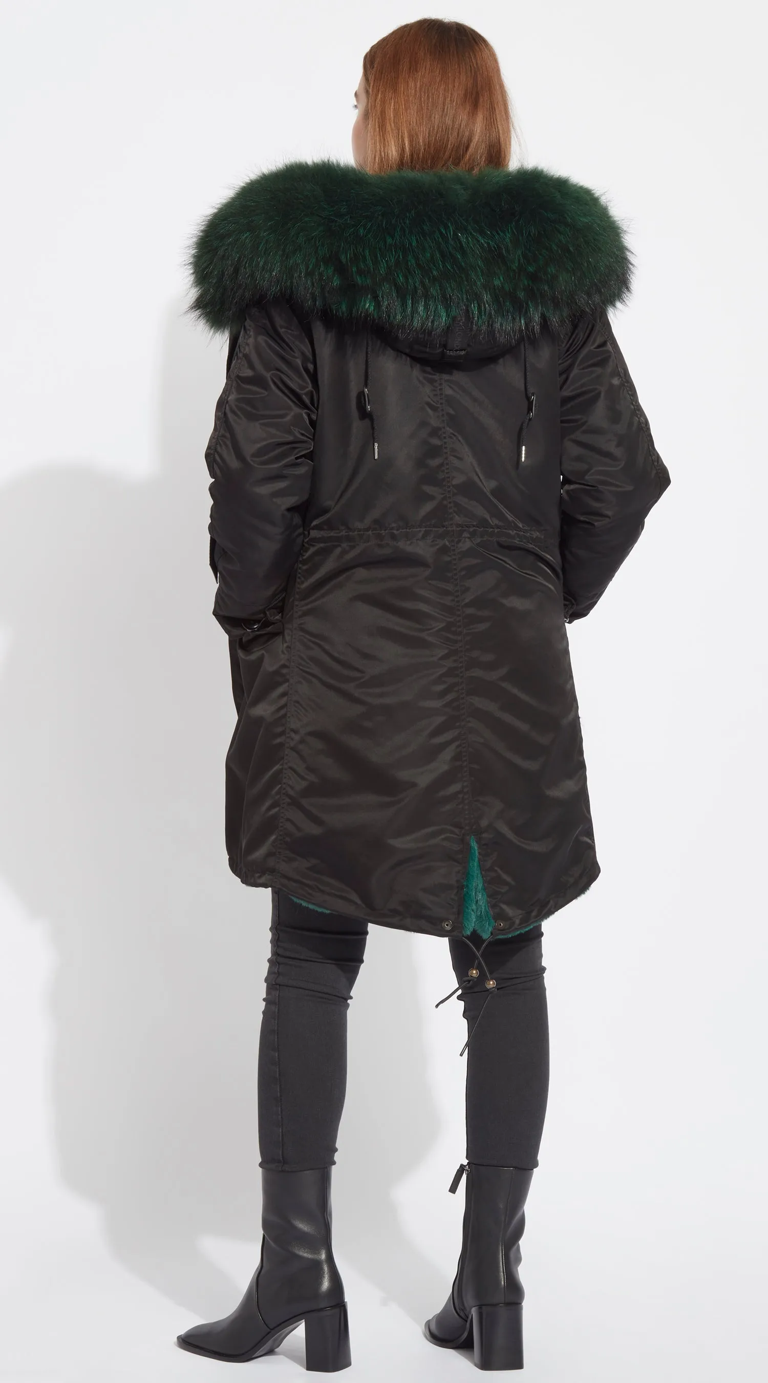 Womens Black Water-Repellent Luxy Fur Parka - 3/4 Emerald Green