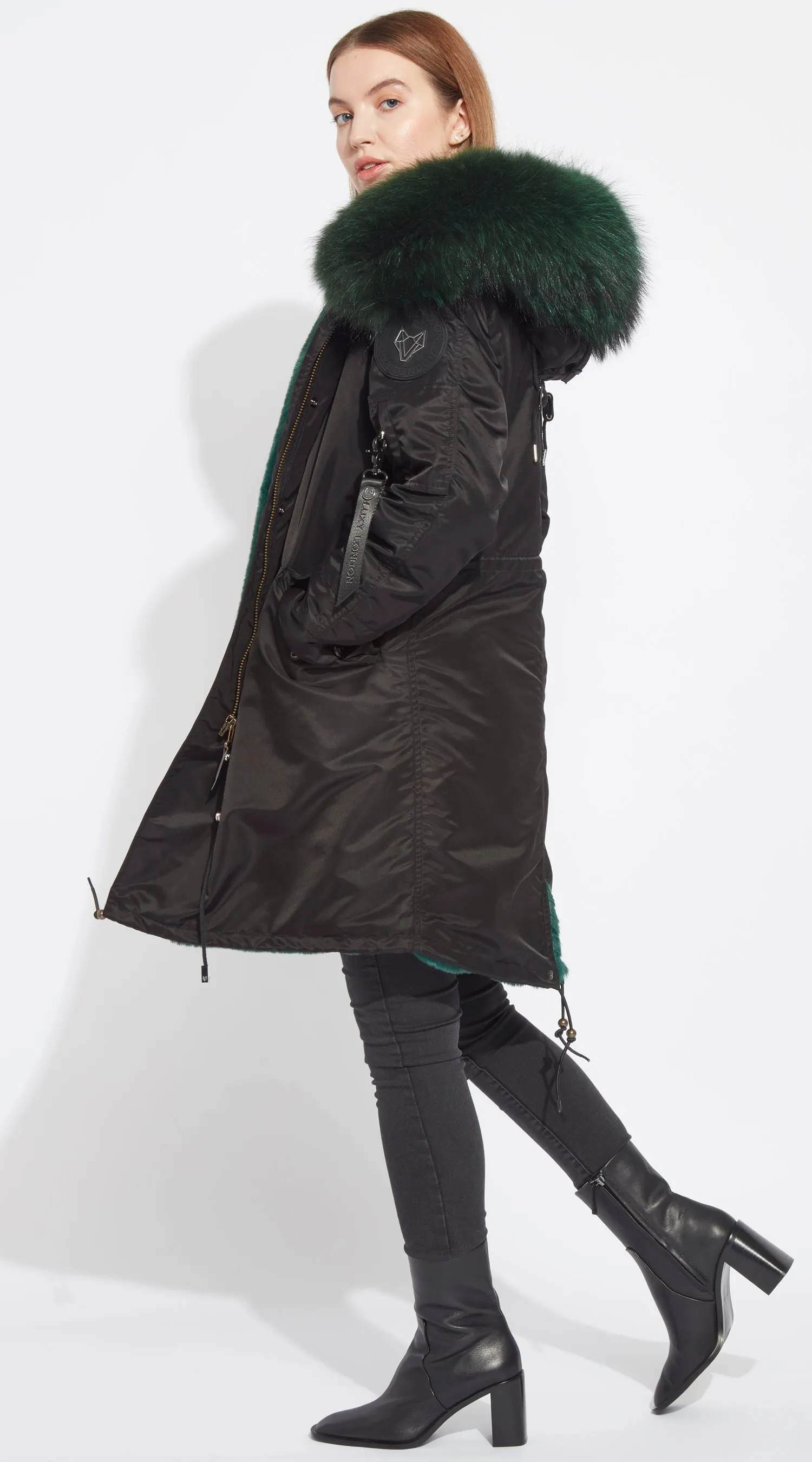 Womens Black Water-Repellent Luxy Fur Parka - 3/4 Emerald Green