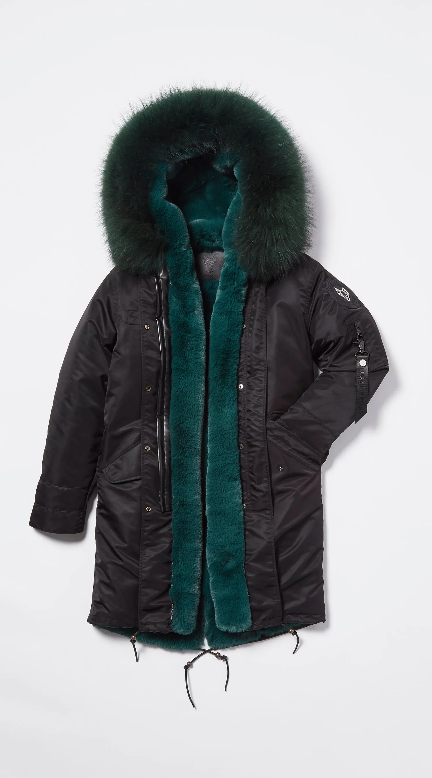 Womens Black Water-Repellent Luxy Fur Parka - 3/4 Emerald Green