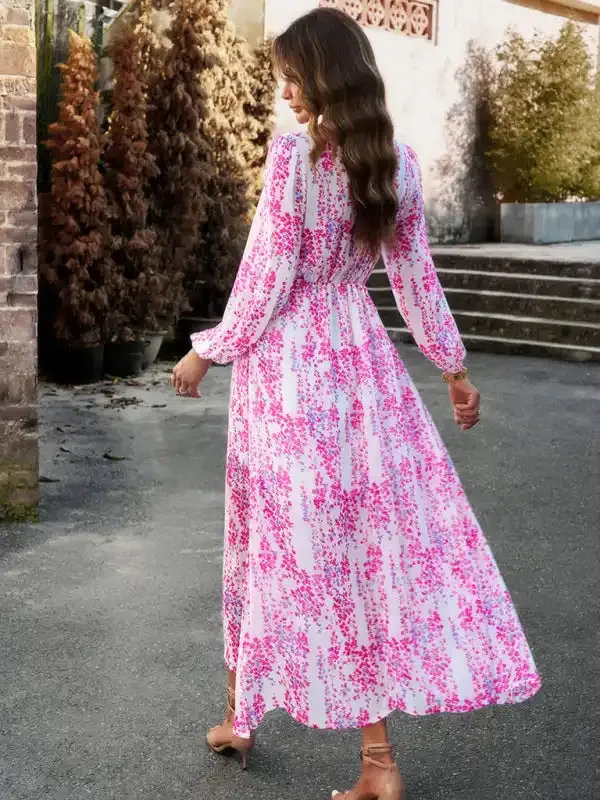 Women’s Fashion V Neck Long Sleeves Elegant Chiffon Casual Dress