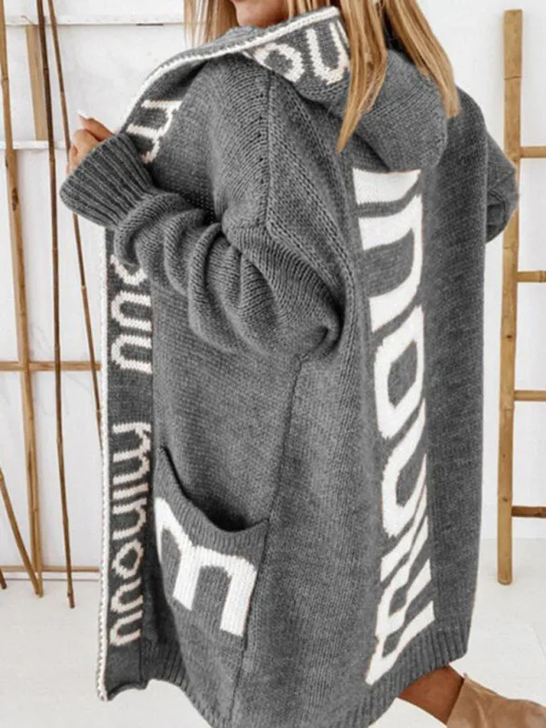 Women's  Letter Print Hooded Cardigan