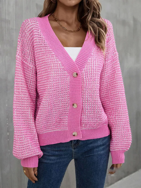 Women's Waffle Knit Cardigan With Puff Sleeves