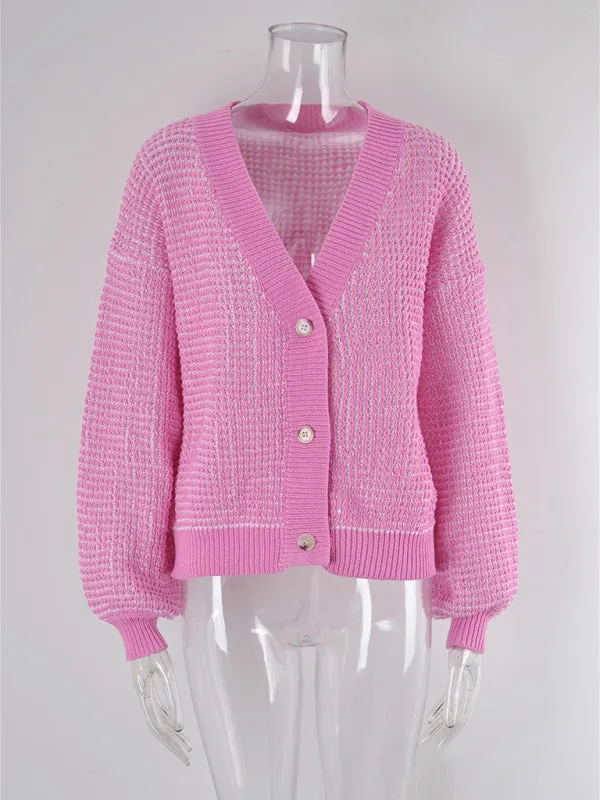 Women's Waffle Knit Cardigan With Puff Sleeves